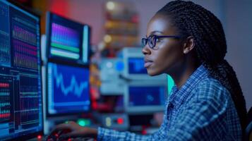 Focused Woman in Glasses Working on Computer with Data Displays photo