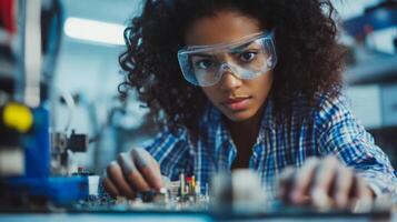 A Young Woman Wearing Safety Glasses Works on a Circuit Board photo