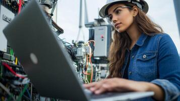 Woman in Hardhat Using Laptop While Inspecting Complex Electrical System photo