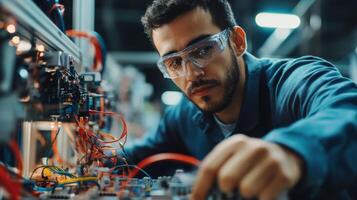 Close-up of a Focused Technician Working on Electrical Components photo