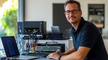 Man in Glasses Working on a Computer with Server Equipment in the Background photo