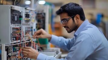 Young Man in a Blue Shirt Working on Electronics photo