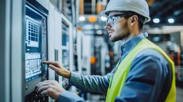 Industrial Worker Adjusting a Control Panel in a Factory Setting photo