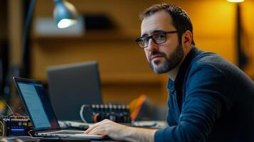 Man with beard and glasses working on a laptop in an office photo
