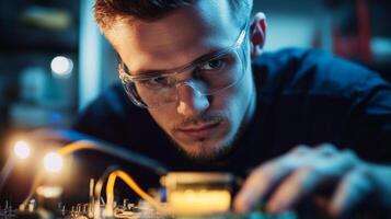 A Close-Up of a Technician Wearing Safety Glasses and Working on a Circuit Board photo
