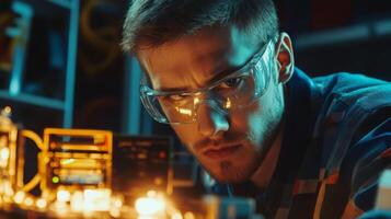 Close-up of a Man in Safety Glasses Working on Electronics photo
