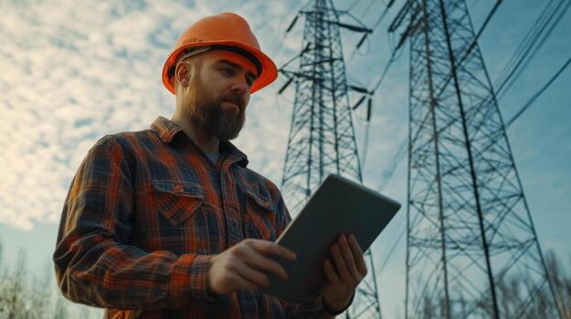 A Bearded Man in a Hard Hat and Plaid Shirt Using a Tablet in Front of Power Lines photo