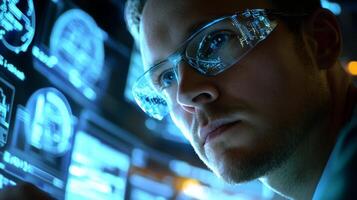 Man with Glasses and a Blue Screen Reflection photo