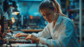 A female engineer in a lab coat working on a circuit board photo