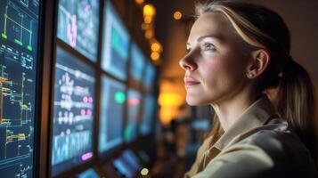Woman Looking at Computer Screens with Technical Data photo