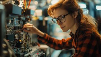 Red-haired Woman in Glasses Working on Electronics photo