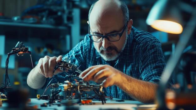 A man working on a complex electronic device in a workshop photo