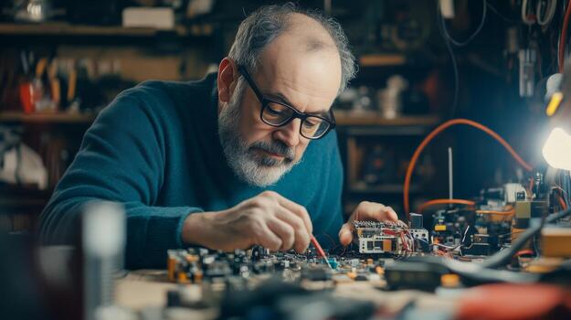 A man working on a circuit board with wires and electronic components. photo