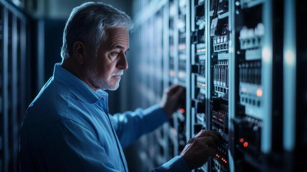 Senior Technician Working on Server Racks in a Data Center photo