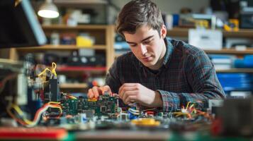Young Man Working on Electronics Circuit Board photo
