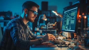 A Young Man Works On a Computer Circuit Board photo