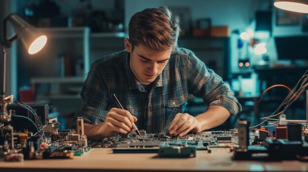 Young Man Fixing a Circuit Board with a Tool photo