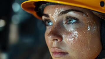 Close-up of a Woman's Face Covered in Sweat and Wearing a Yellow Hard Hat photo