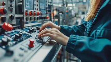 Close-up of a Woman's Hand Operating a Control Panel in a Factory Setting photo