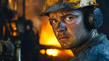 Close-up Portrait of a Dirty and Weathered Industrial Worker photo