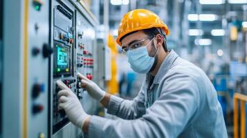 Industrial Worker Wearing Protective Gear Adjusting Control Panel photo