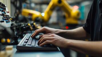Person's Hands Typing on a Keyboard with Blurred Industrial Background photo
