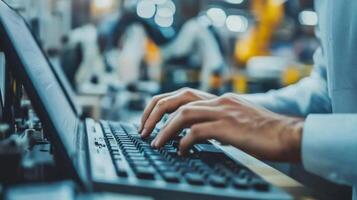 Close-up of hands typing on a laptop keyboard in a factory setting photo