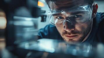 Close-up Portrait of a Man Wearing Safety Glasses and Looking Intensely photo