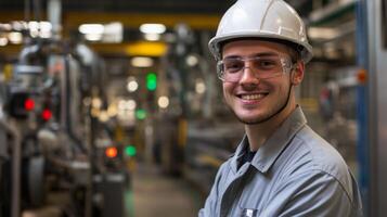 Smiling Industrial Worker Wearing Safety Gear in Factory photo