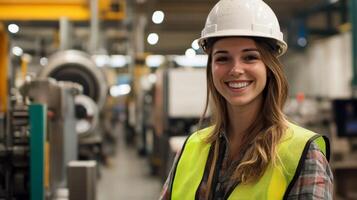 Smiling Female Industrial Worker Wearing a Hard Hat and Safety Vest photo