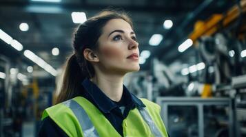 A Woman in a Safety Vest Looking Up in a Factory photo