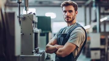 Young Man Standing in a Factory with Arms Crossed photo