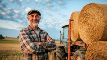 Proud Farmer Standing in Front of Hay Bales and Tractor photo
