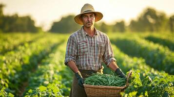 Farmer with a Basket of Harvested Green Beans in a Field photo
