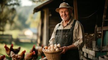 Senior Farmer Holding Basket of Fresh Eggs in a Rural Setting photo