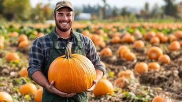Happy Farmer Holding a Large Pumpkin in a Field photo