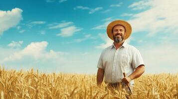 A Smiling Farmer Standing in a Field of Golden Wheat photo