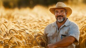 A Farmer Standing in a Field of Wheat, Smiling at the Camera photo