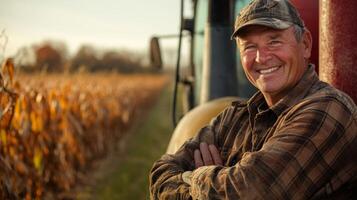 Smiling Farmer Leaning Against Tractor in Cornfield photo