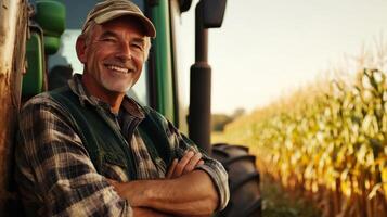A Smiling Farmer Leans Against a Tractor in a Cornfield photo