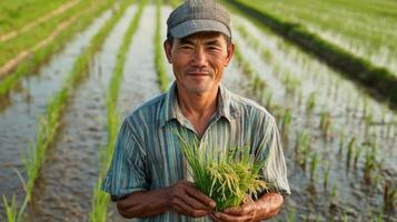 A Farmer Holding Rice Seedlings in a Paddy Field photo