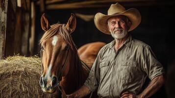 Senior Cowboy Standing Beside His Brown Horse In Stable photo