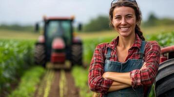 A Confident Female Farmer Standing in a Field with a Tractor in the Background photo