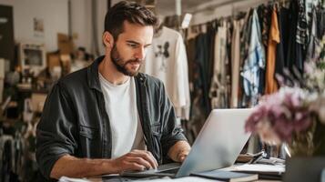 Man in a Black Shirt Using a Laptop in a Clothing Store photo