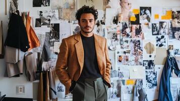 A Man in a Brown Blazer Standing in Front of a Wall Covered in Sketches and Fabric Swatches photo