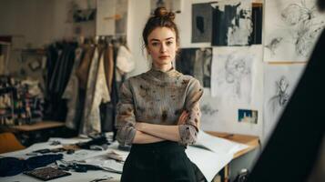 A Young Woman Stands in a Design Studio with Her Arms Crossed photo