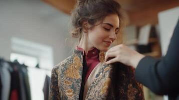 Woman in a patterned jacket being helped by another person photo