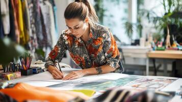 Woman with Tattooed Arm Sketches on Paper in a Design Studio photo