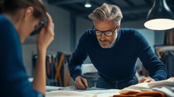 A Designer Concentrates on Fabric with a Pen in Hand photo