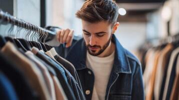Man examining clothing on a rack in a store photo